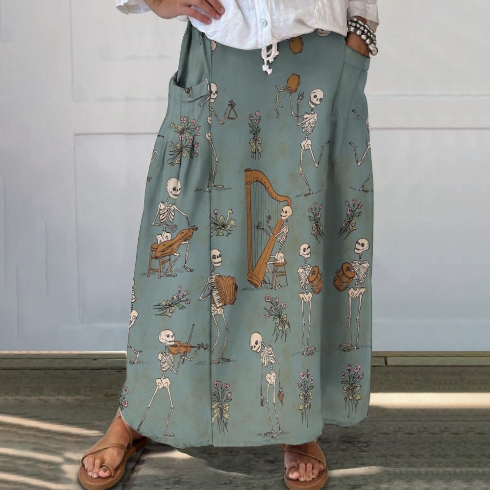 Women's Retro Skull Music Flower Art Print Flowy Cotton And Line Skirt