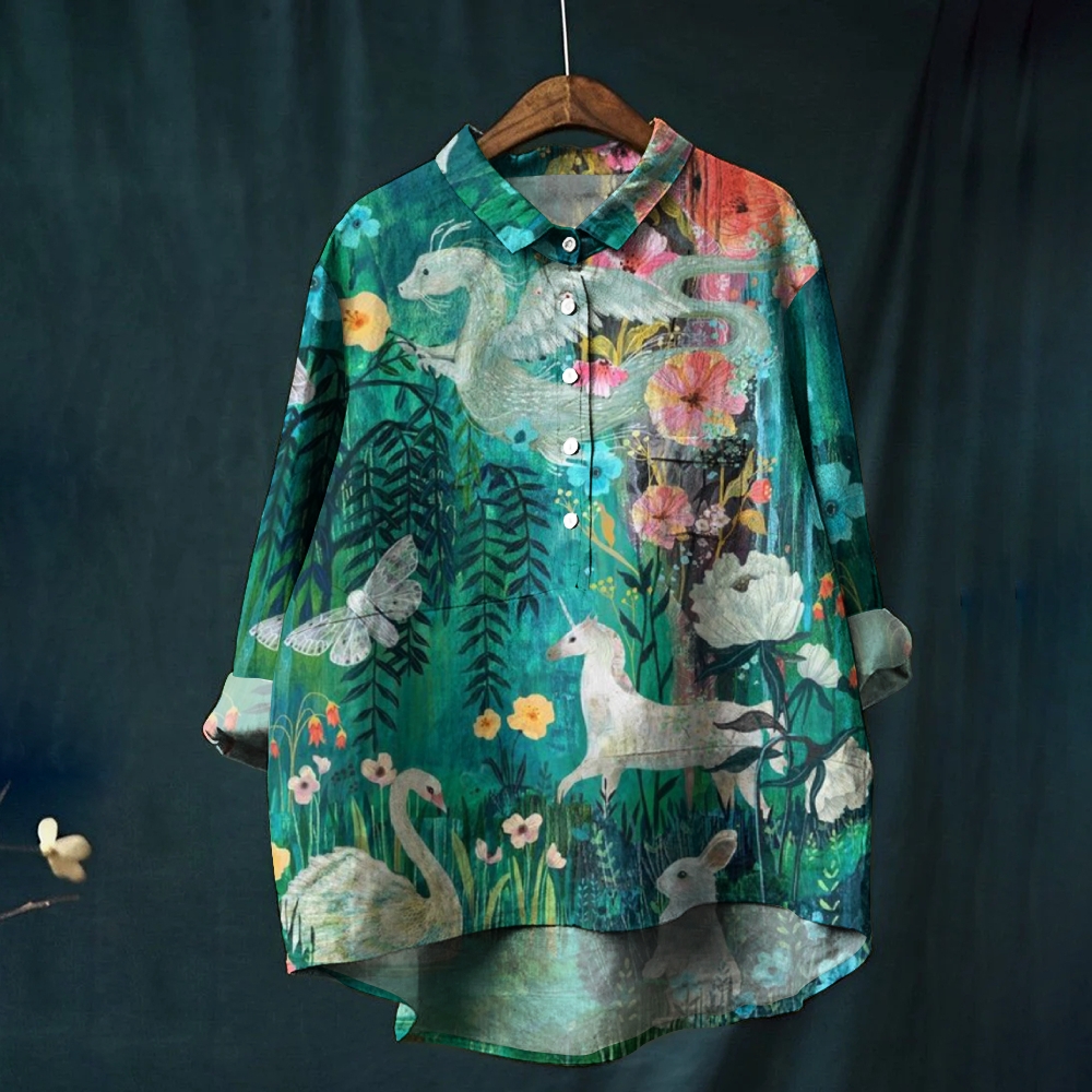 Women's Flower Print Casual Cotton And Linen Shirt