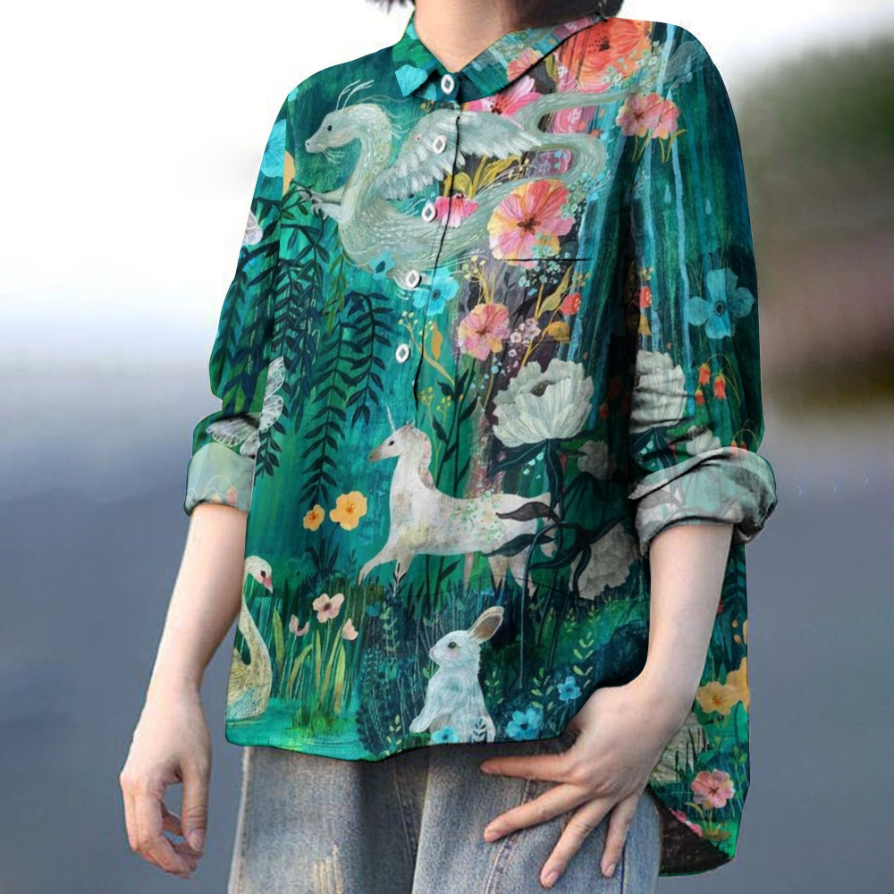 Women's Flower Print Casual Cotton And Linen Shirt
