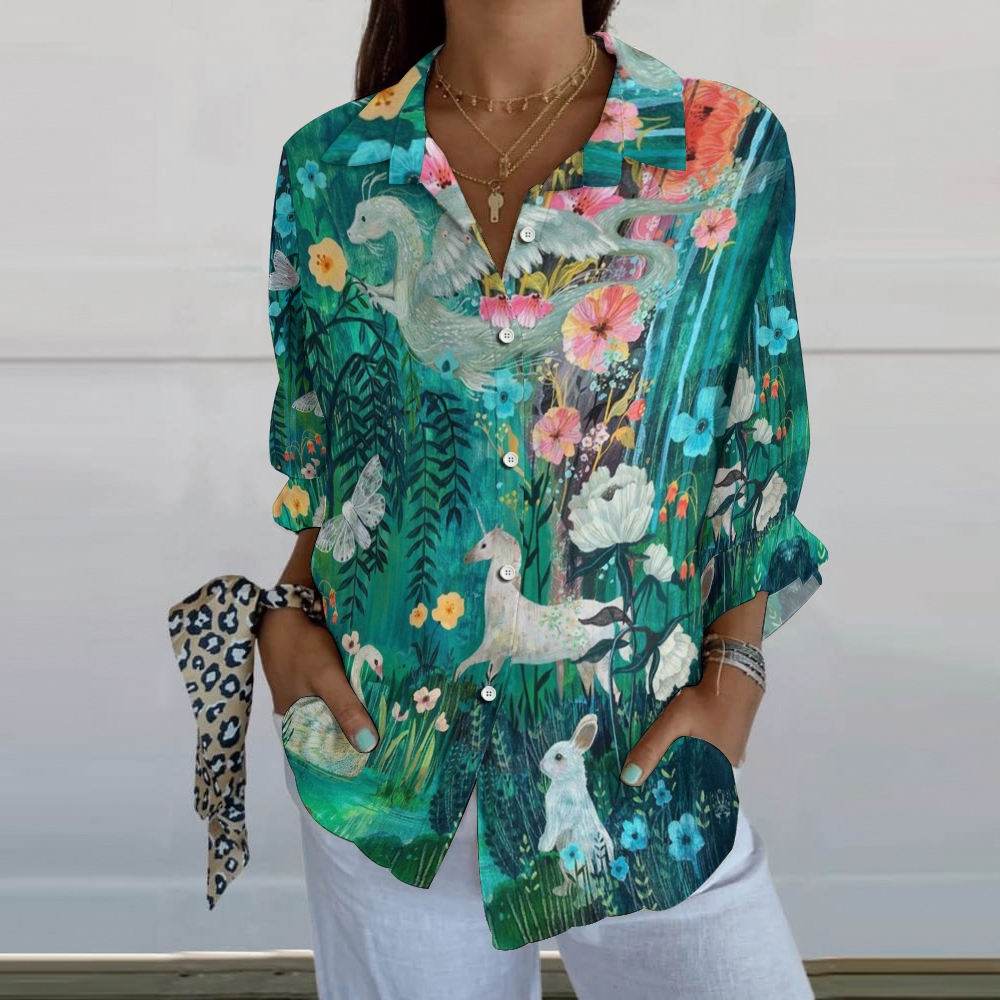 Women's Flower Print Casual Linen V-neck Shirt