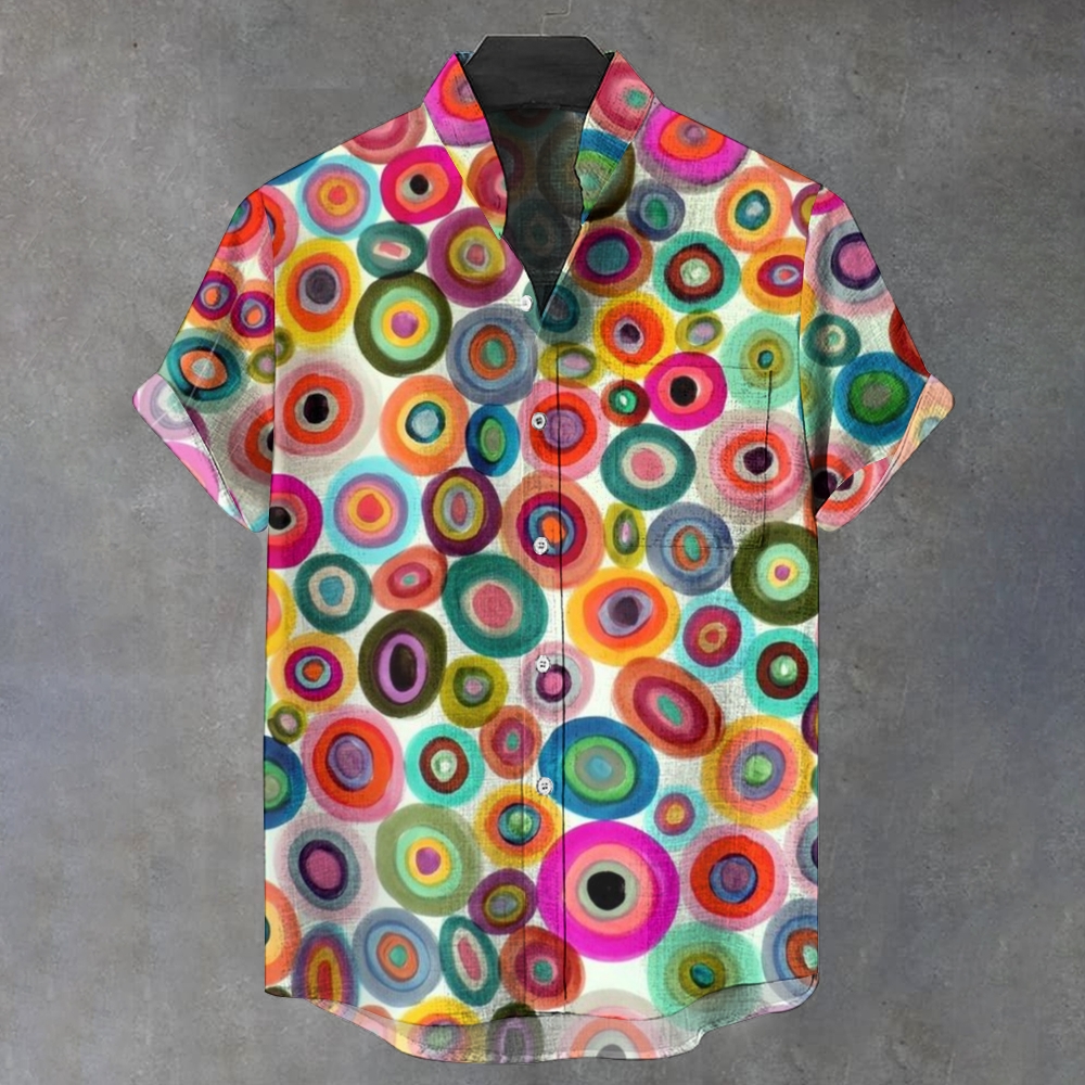 Men's Stand Collar Vintage Colorful Circle Spot Art Printed Short Sleeve Shirt