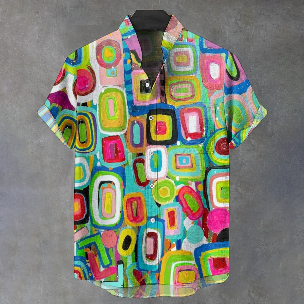 Men's Stand Collar Abstract Color Block Printed Short Sleeve Shirt