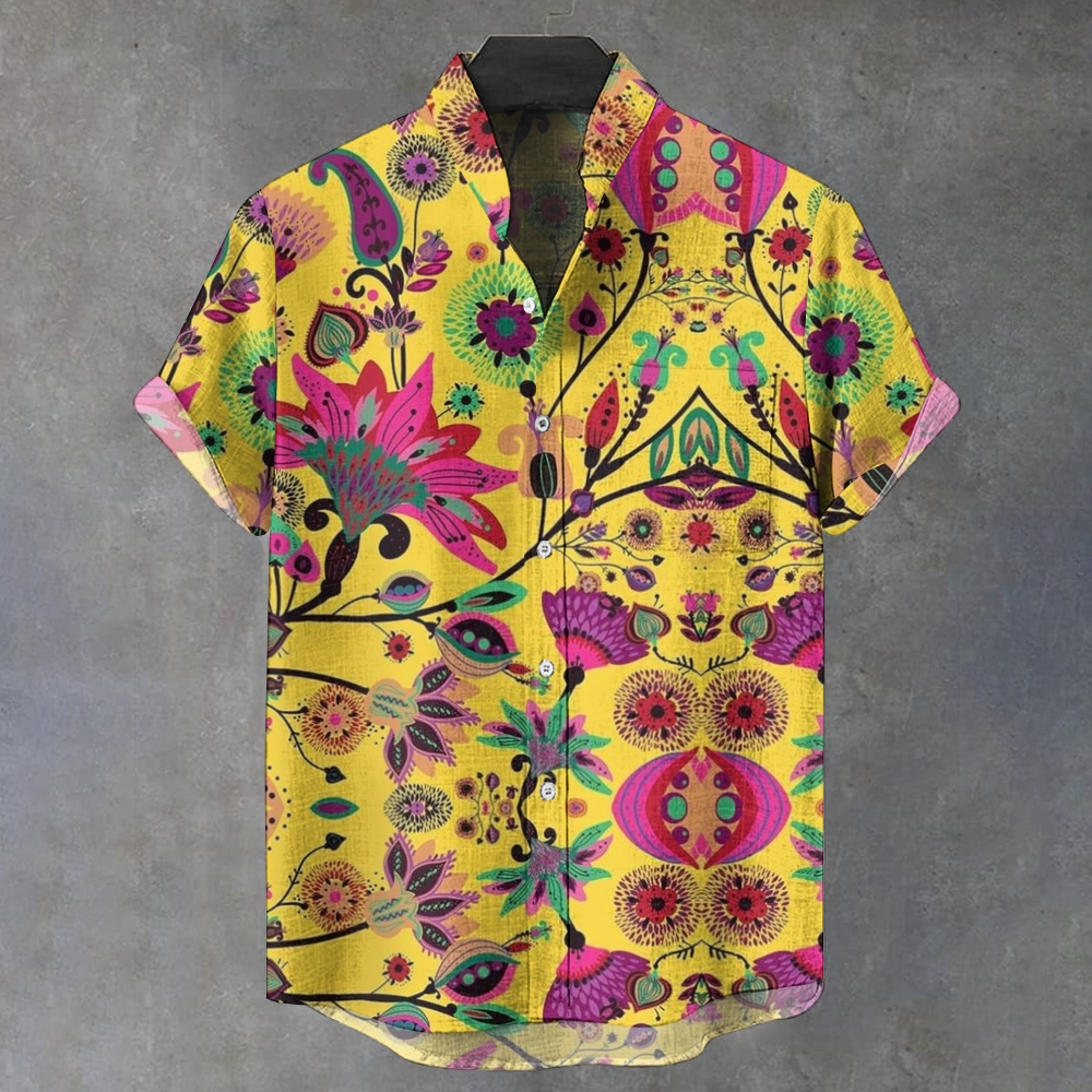 Men's Stand Collar Rose Pink Vine Printed Short Sleeve Shirt