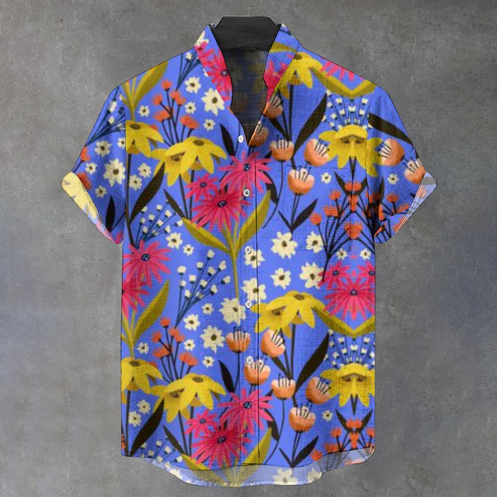 Men's Stand Collar Daisy Printed Short Sleeve Shirt