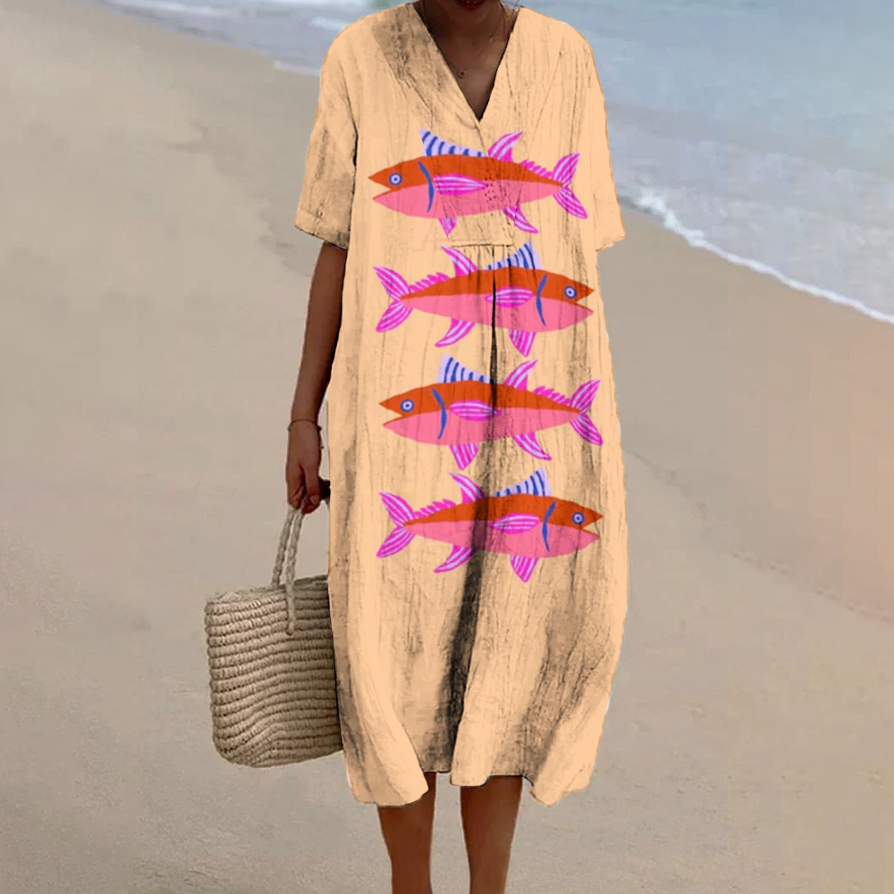Women's Sardines Print Flowy Linen Dress