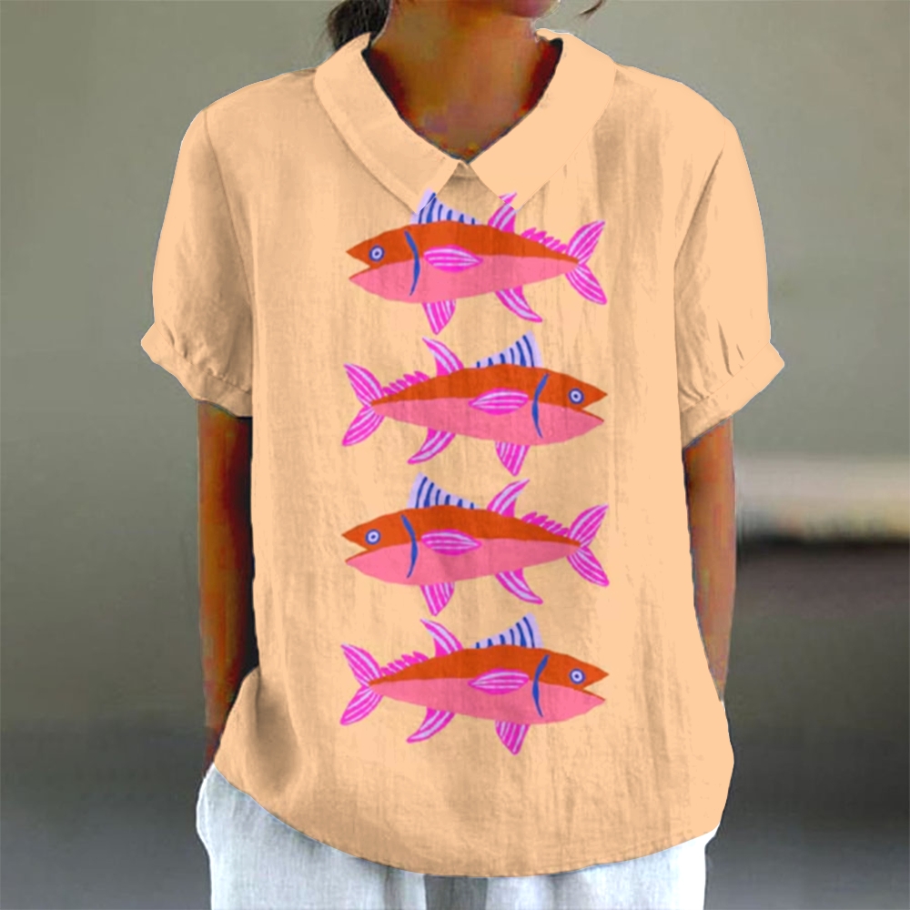 Women's Casual Sardines Print Cotton and Linen Short Sleeve Shirt