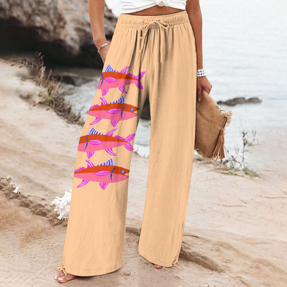 Women's Sardines Print Cotton And Linen Wide Leg Casual Pants