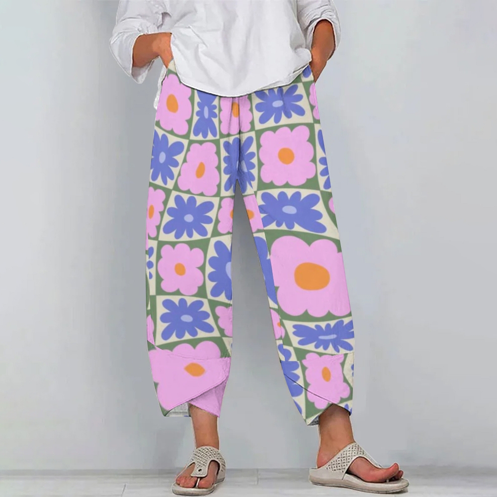 Women's Casual Flower Printed Cotton And Linen Pants