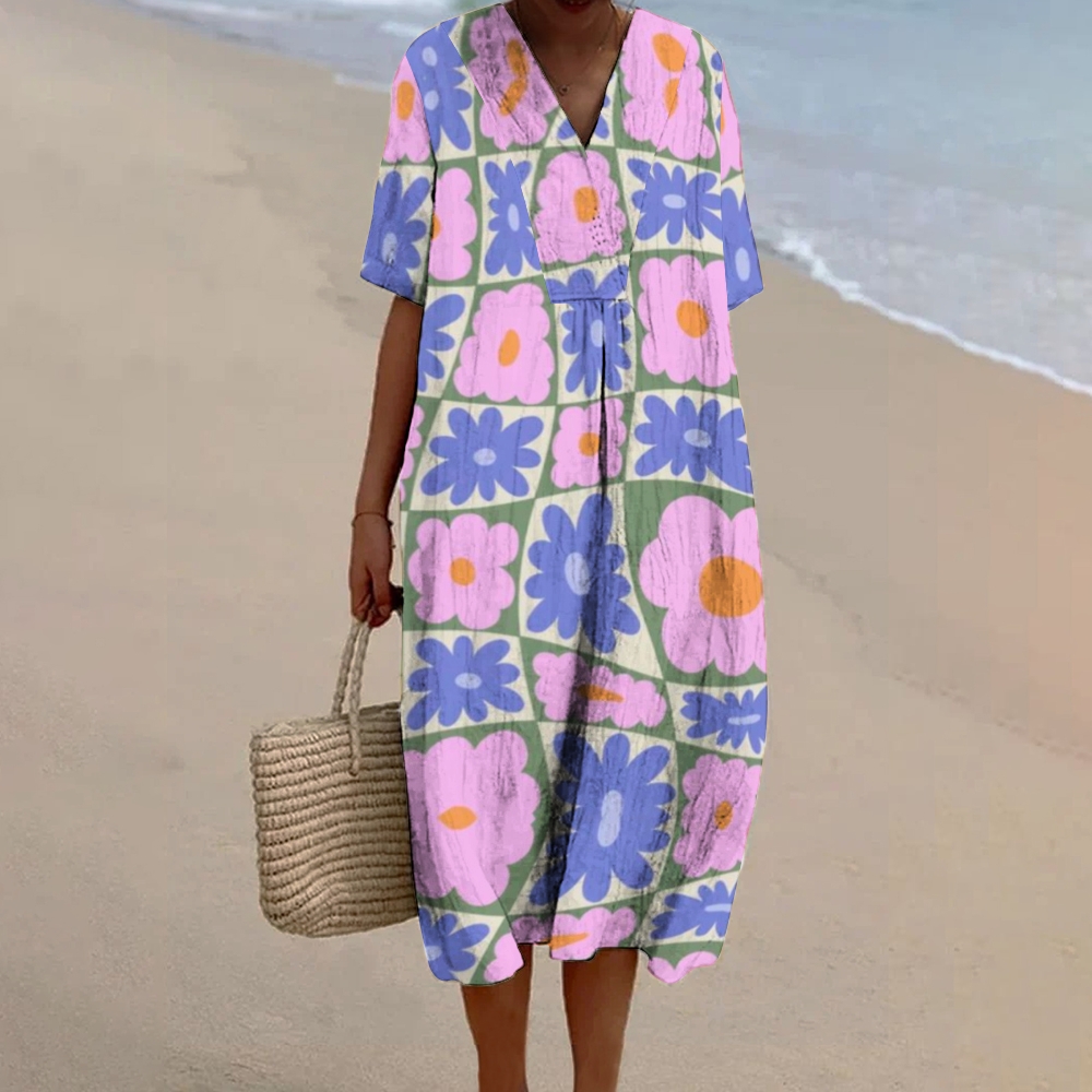 Women's Flower Print Flowy Linen Dress