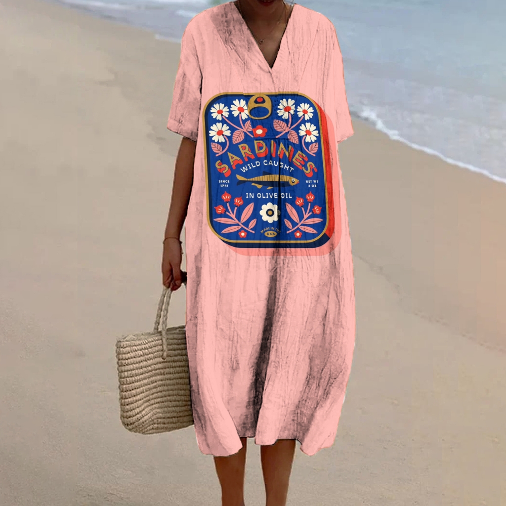Women's Vintage Sardines Print Flowy Linen Dress