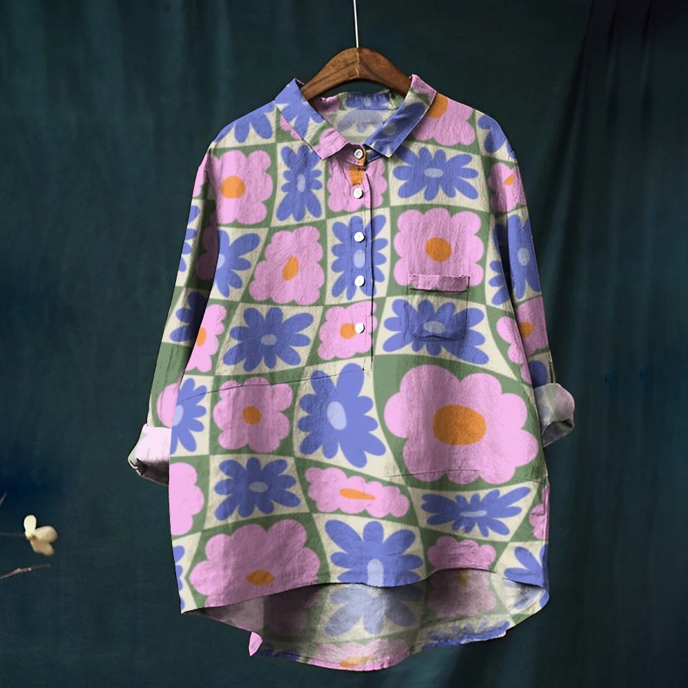 Women's Flower Print Casual Cotton And Linen Shirt