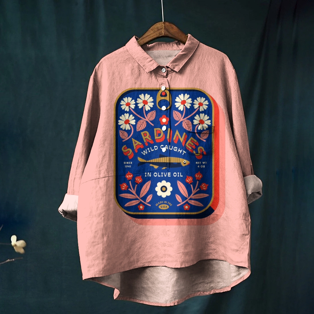 Women's Vintage Sardines Print Casual Cotton And Linen Shirt