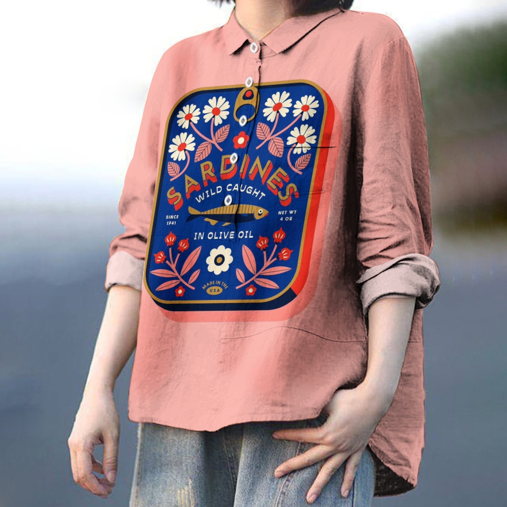 Women's Vintage Sardines Print Casual Cotton And Linen Shirt