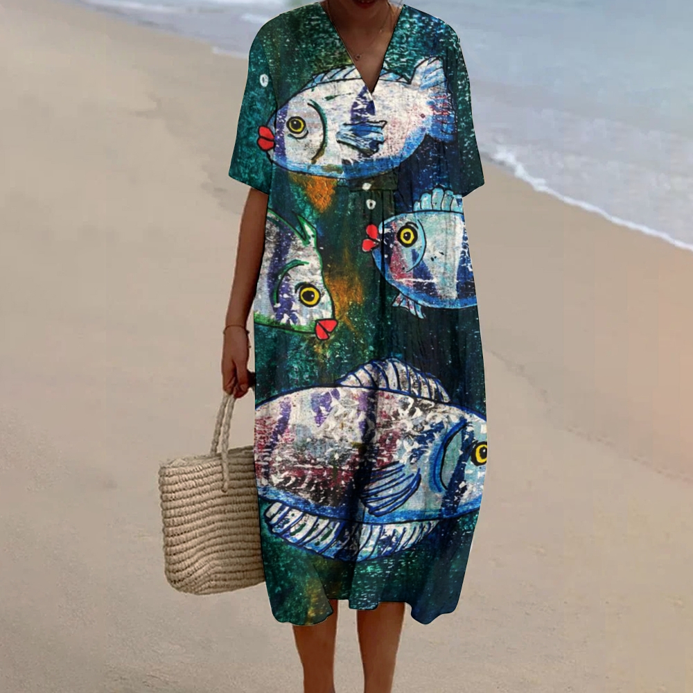 Women's Art Fish Print Flowy Linen Dress