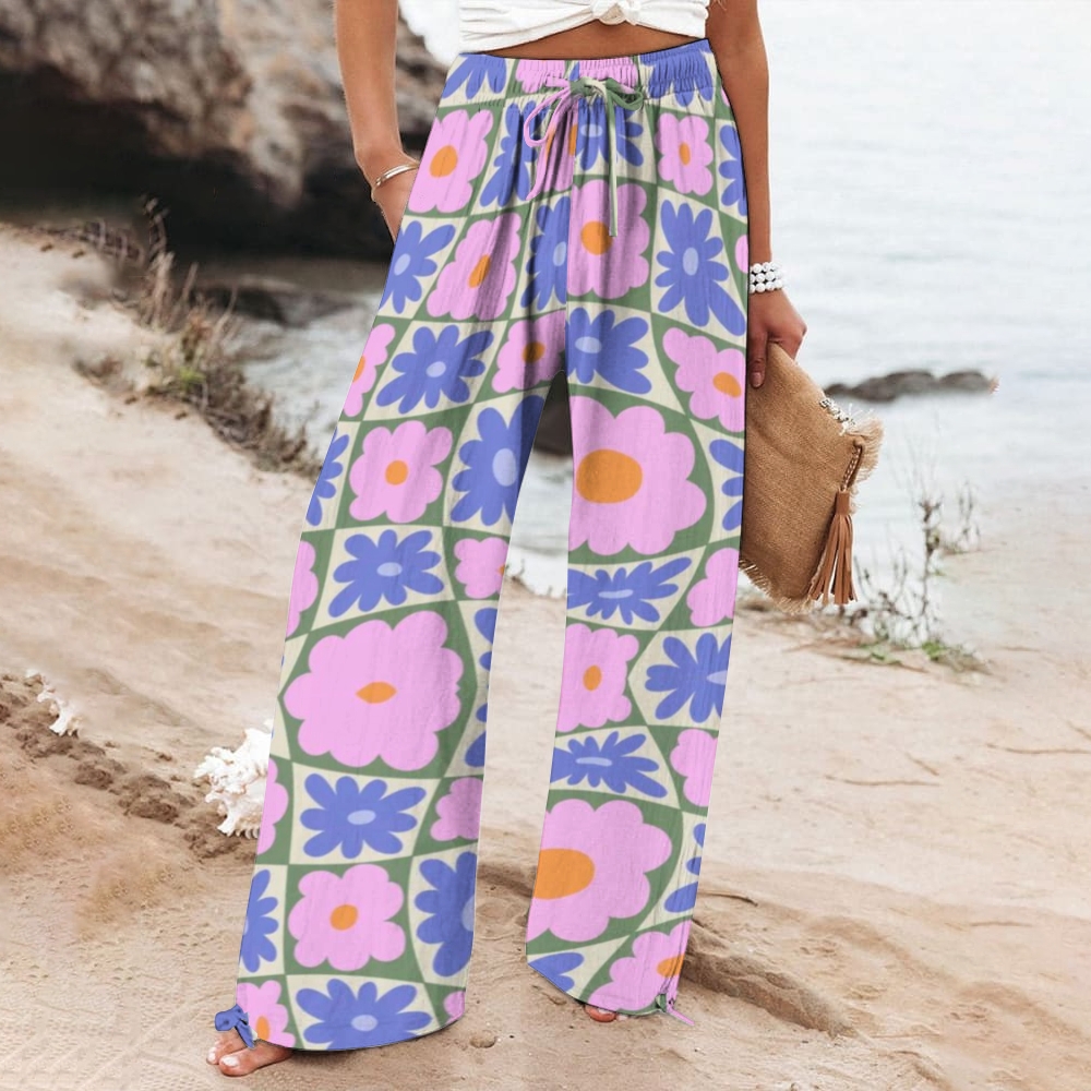 Women's Flower Print Cotton And Linen Wide Leg Casual Pants
