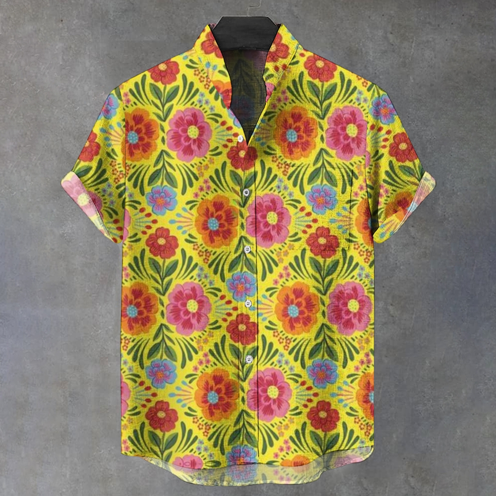 Men's Stand Collar Printed Short Sleeve Shirt