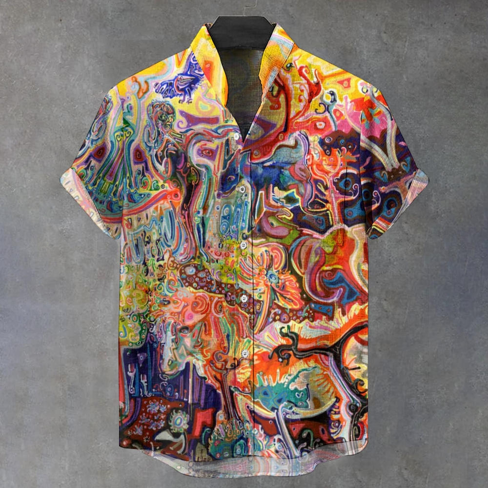 Men's Stand Collar Vintage Psychedelic Abstract Mushrooms Art Printed Short Sleeve Shirt