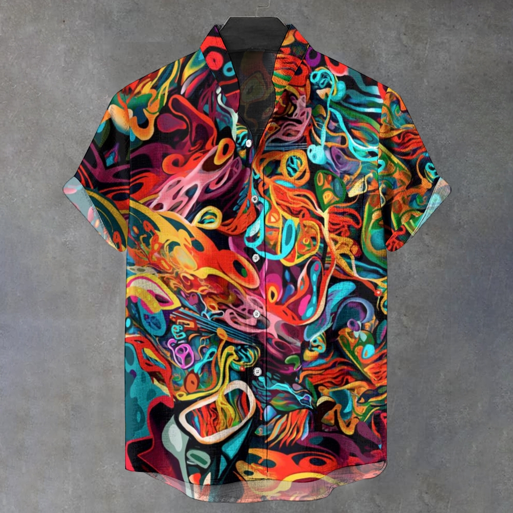 Men's Stand Collar Abstract Printed Short Sleeve Shirt