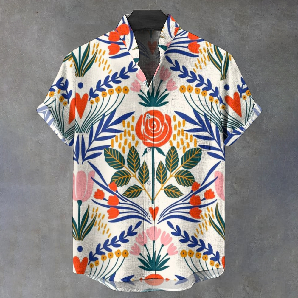 Men's Stand Collar Printed Short Sleeve Shirt