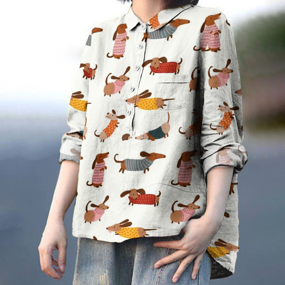 Women's Print Casual Cotton And Linen Shirt 2408006103