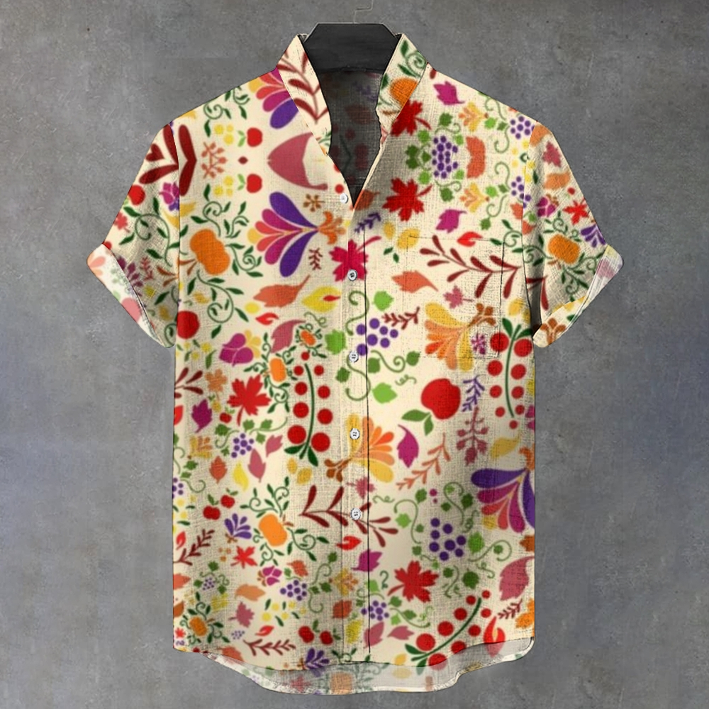 Men's Stand Collar Printed Short Sleeve Shirt