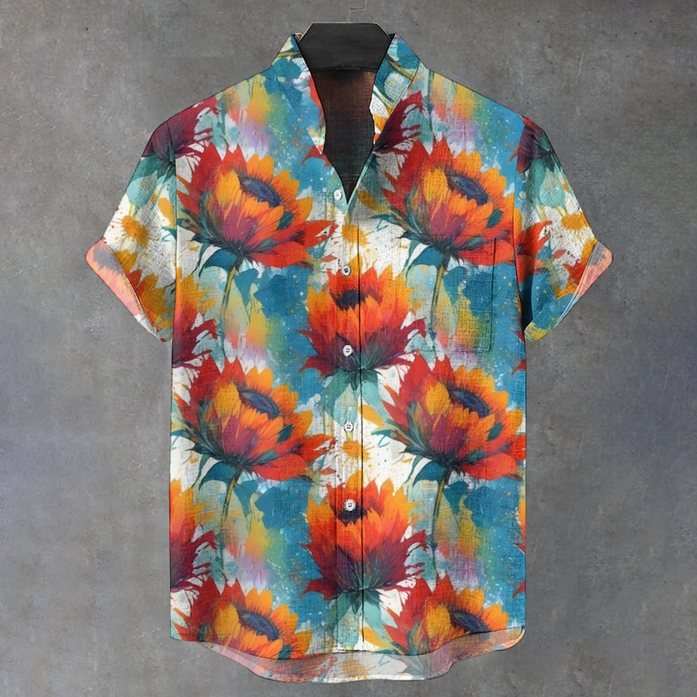 Men's Stand Collar Printed Short Sleeve Shirt 2408006136