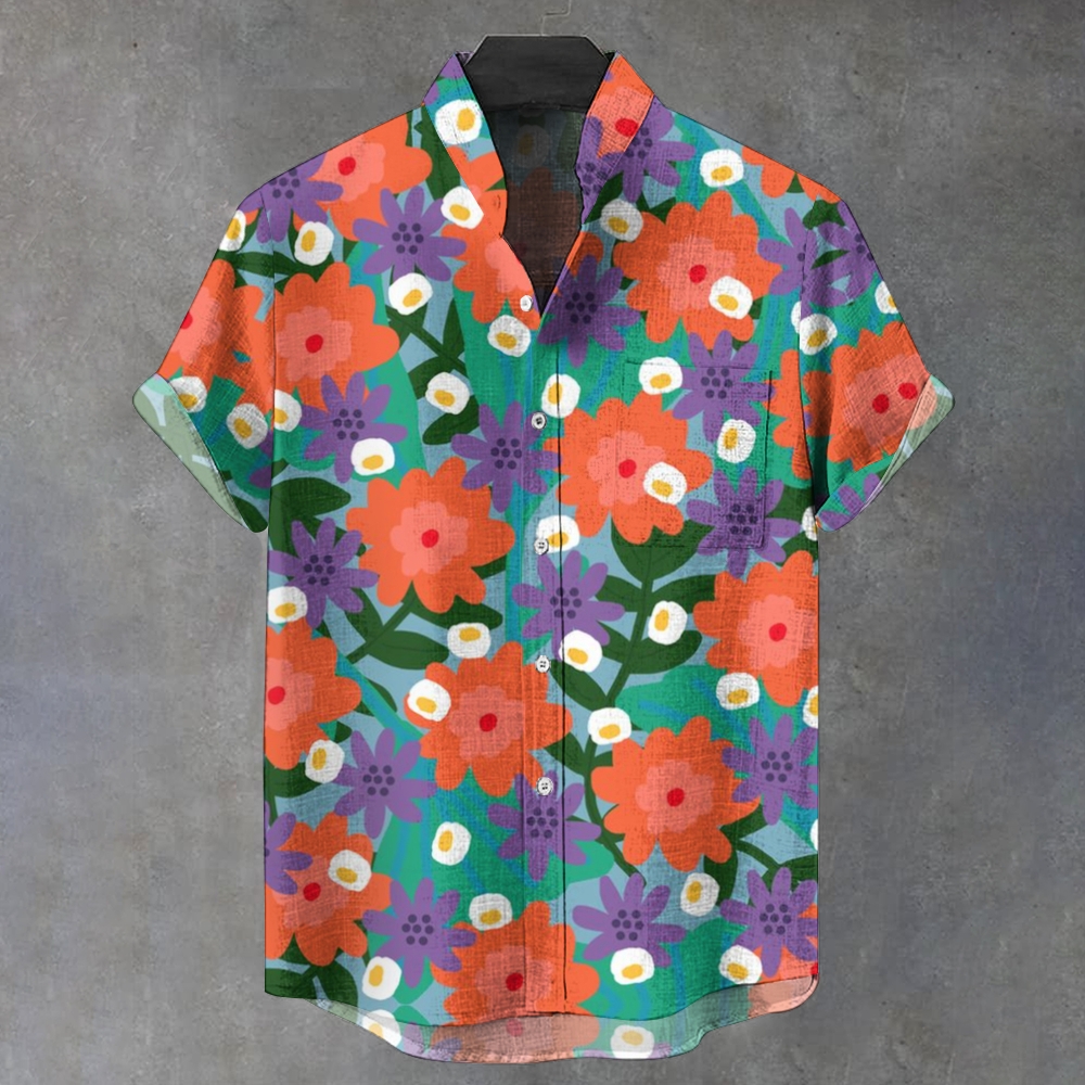 Men's Stand Collar Printed Short Sleeve Shirt