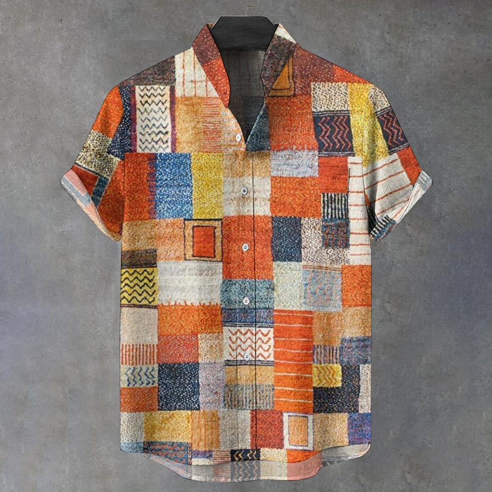 Men's Stand Collar Color Block Printed Short Sleeve Shirt