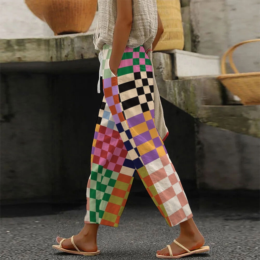 Women's Color Block Plaid Trousers