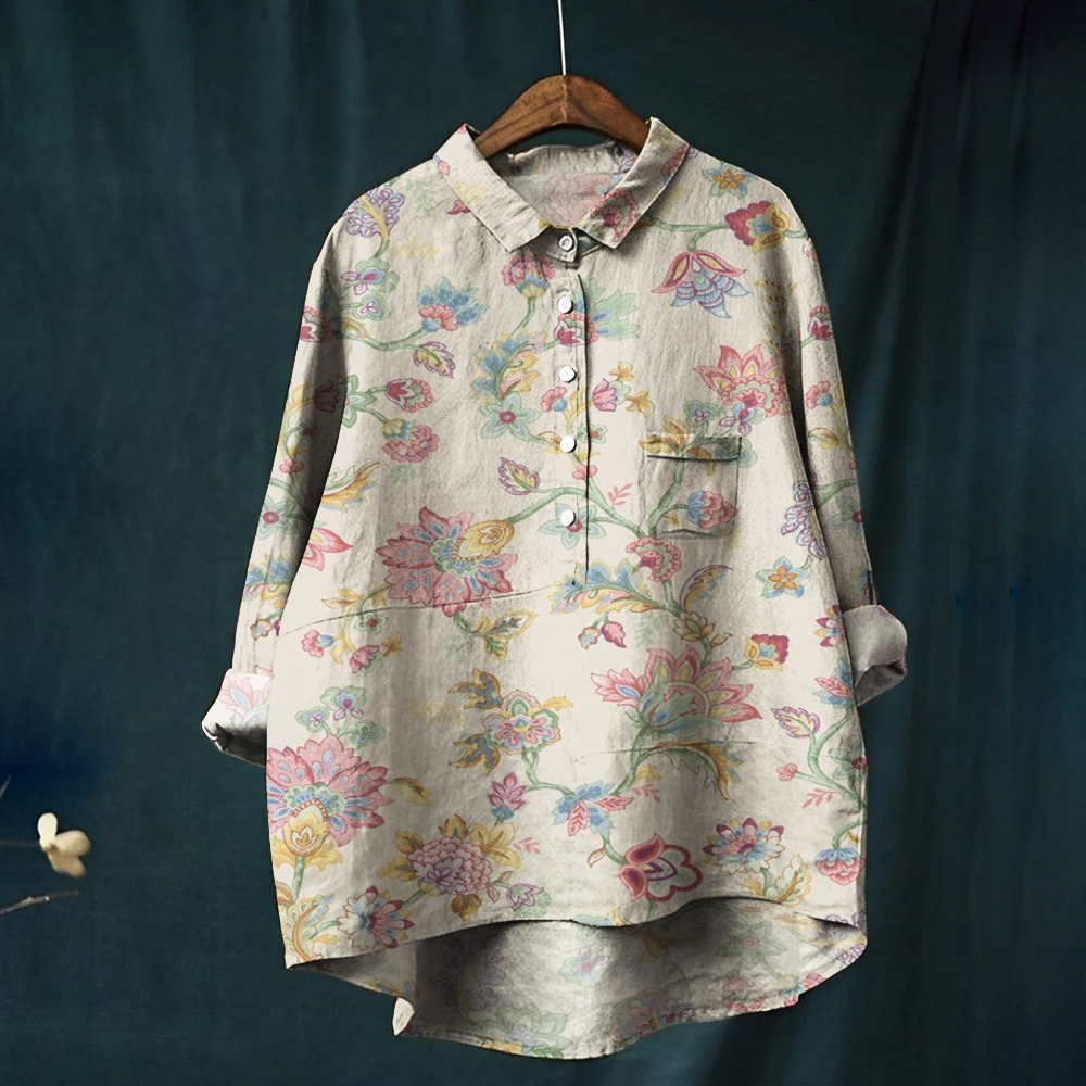 Women's Vintage Flower Print Casual Cotton And Linen Shirt