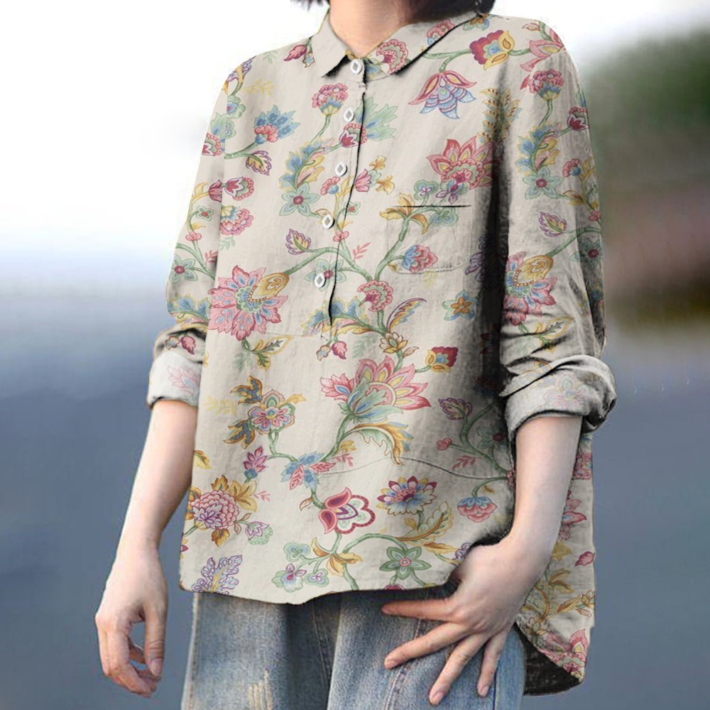 Women's Vintage Flower Print Casual Cotton And Linen Shirt
