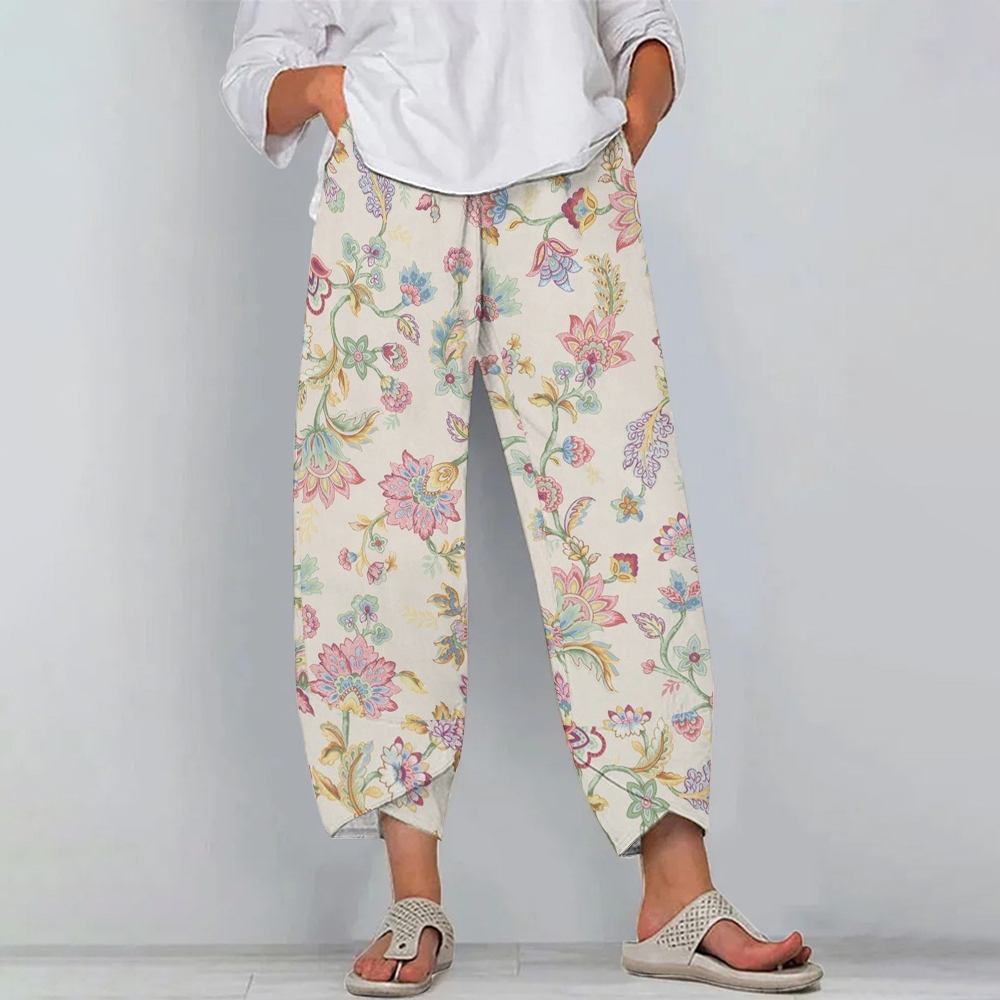 Women's Casual Vintage Flower Printed Cotton And Linen Pants