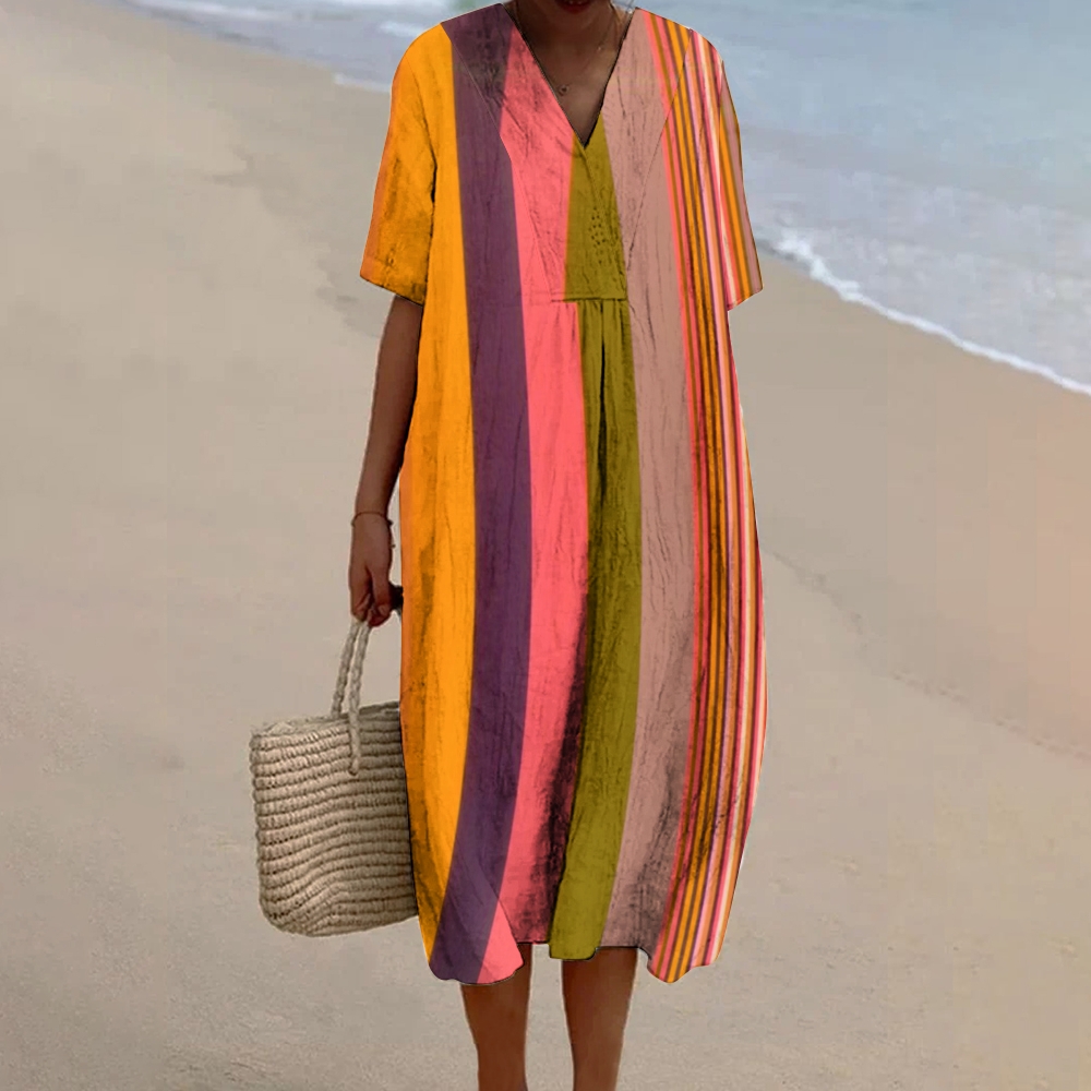 Women's Abstract Stripe Print Flowy Linen Dress