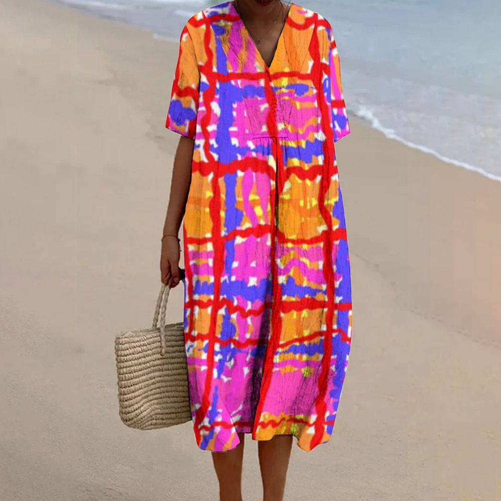 Women's Color Block Print Flowy Linen Dress