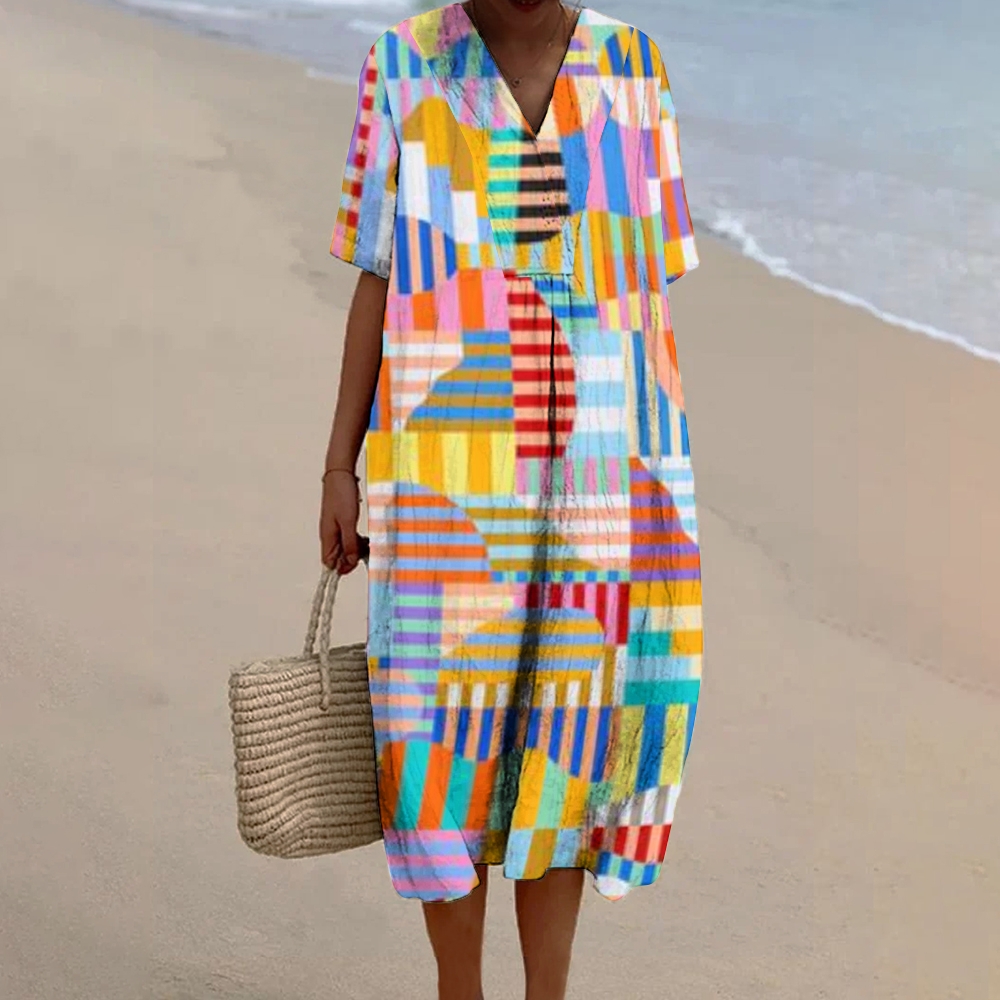 Women's Abstract Colorful Print Flowy Linen Dress