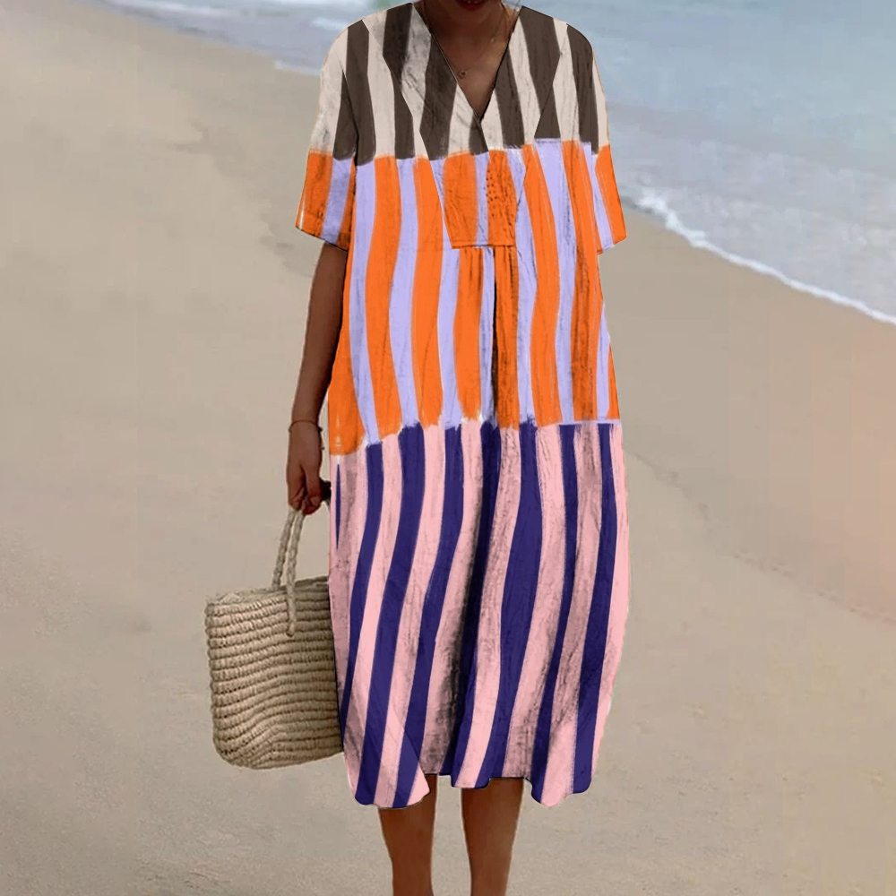 Women's Stripe Print Flowy Linen Dress