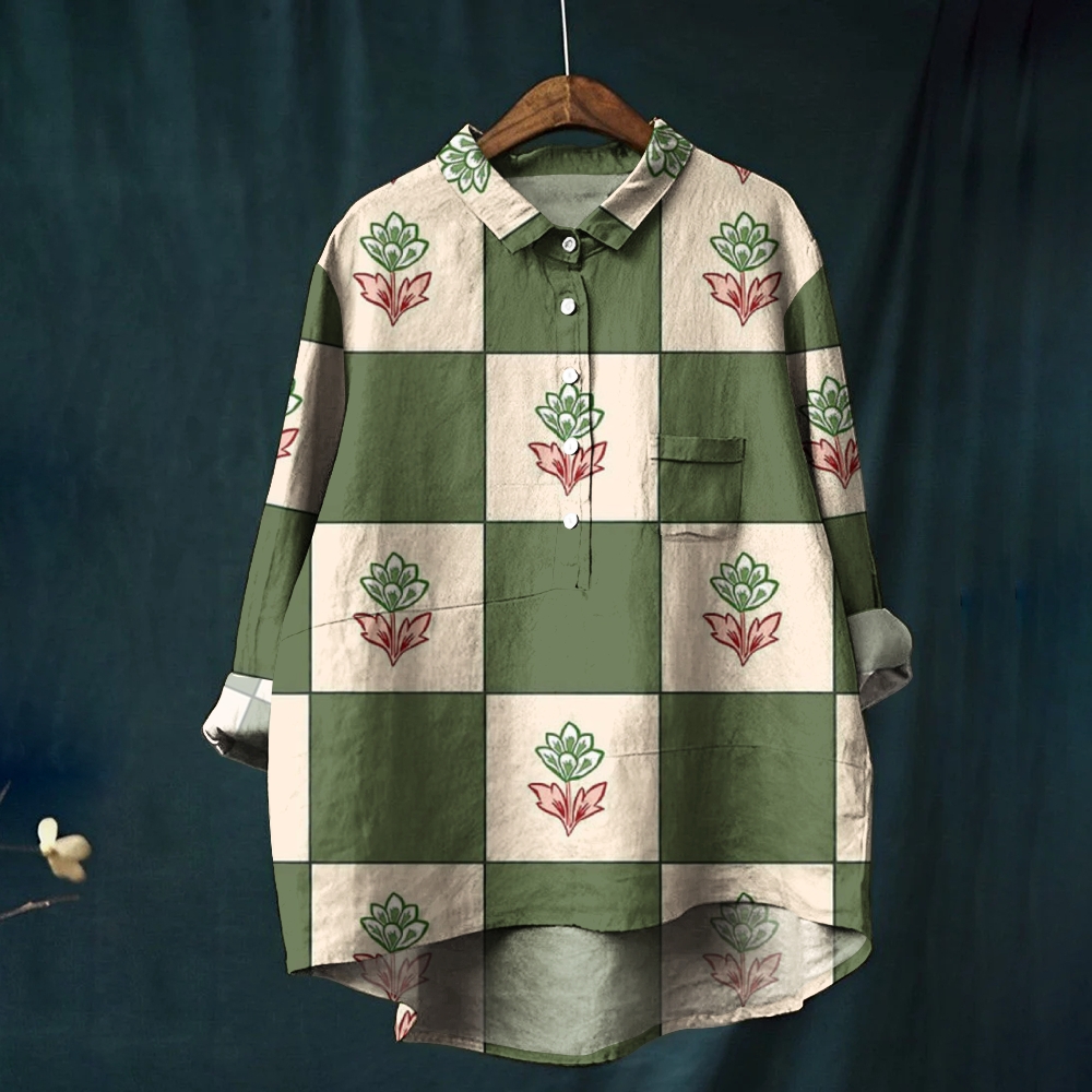 Women's Vintage Flower Print Casual Cotton And Linen Shirt