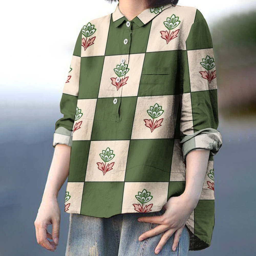 Women's Vintage Flower Print Casual Cotton And Linen Shirt