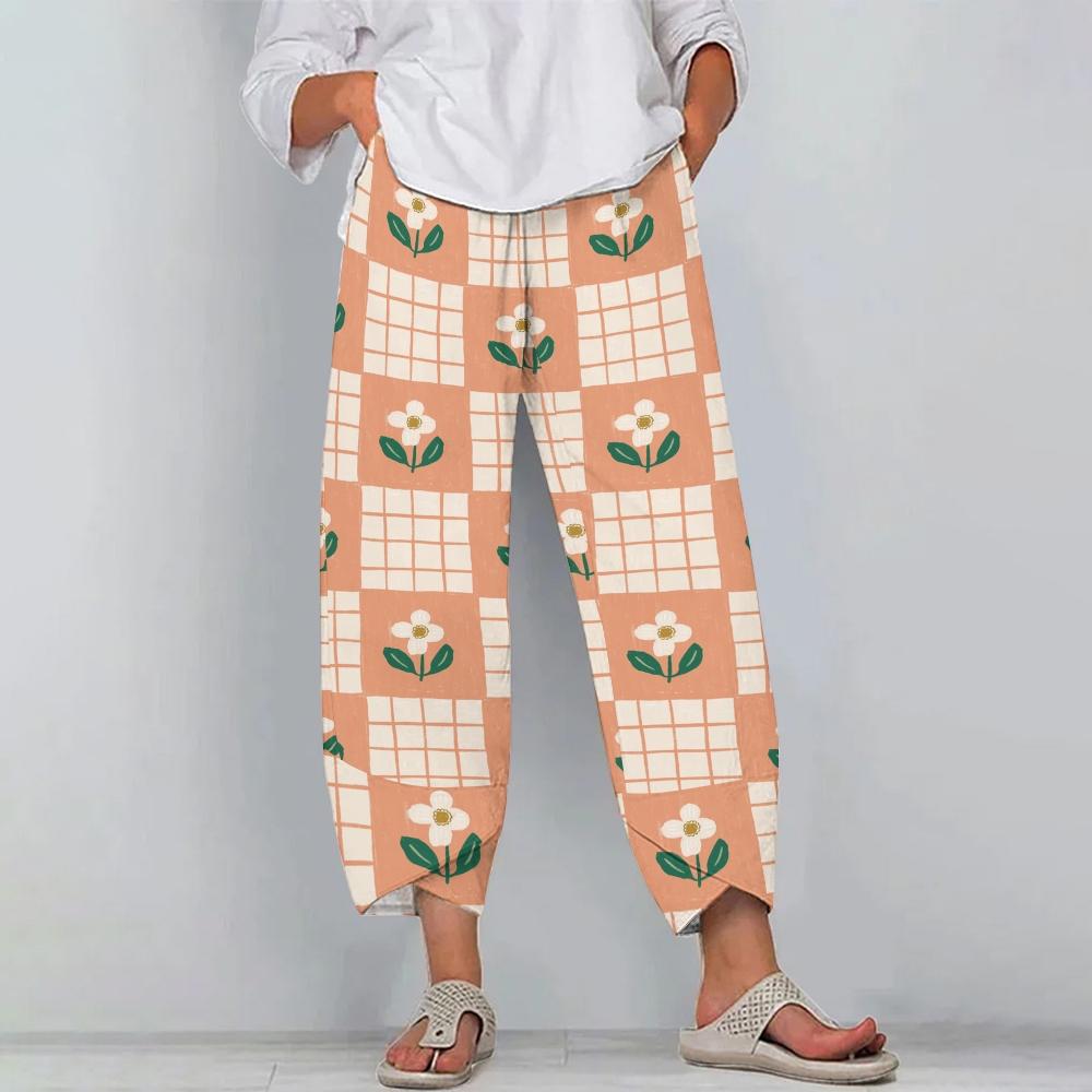 Women's Casual Vintage Flower Printed Cotton And Linen Pants