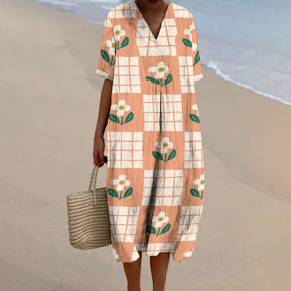 Women's Vintage Flower Print Flowy Linen Dress
