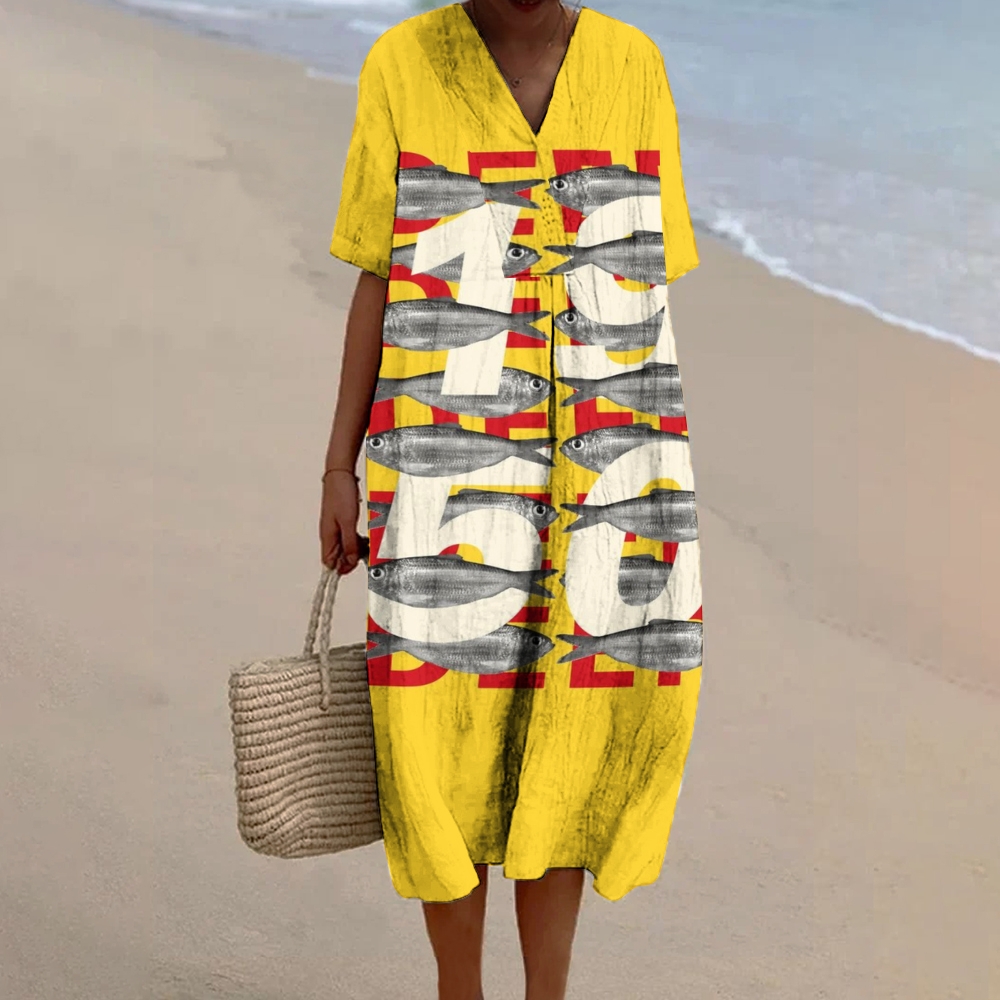 Women's Vintage Sardines Print Flowy Linen Dress