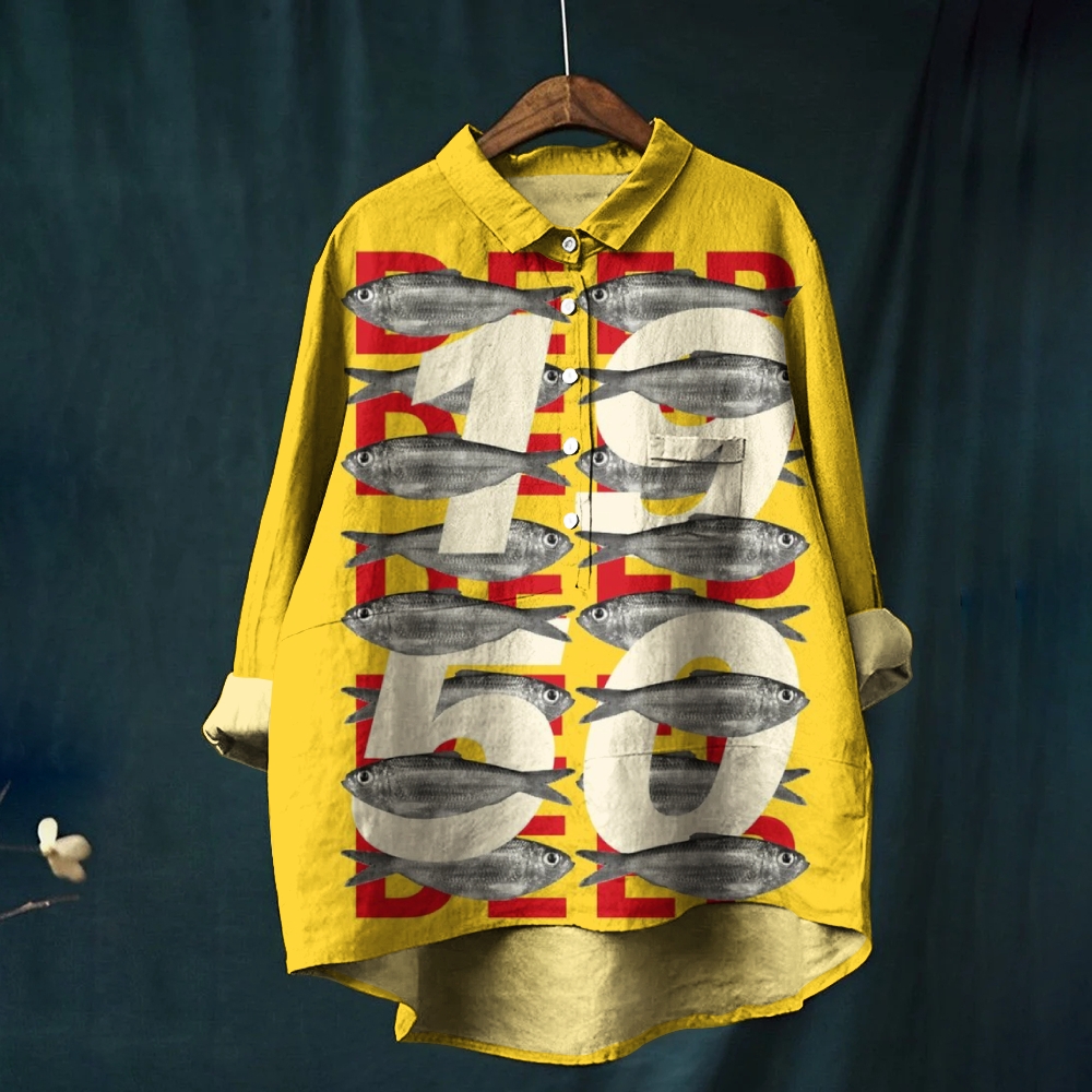 Women's Vintage Sardines Print Casual Cotton And Linen Shirt