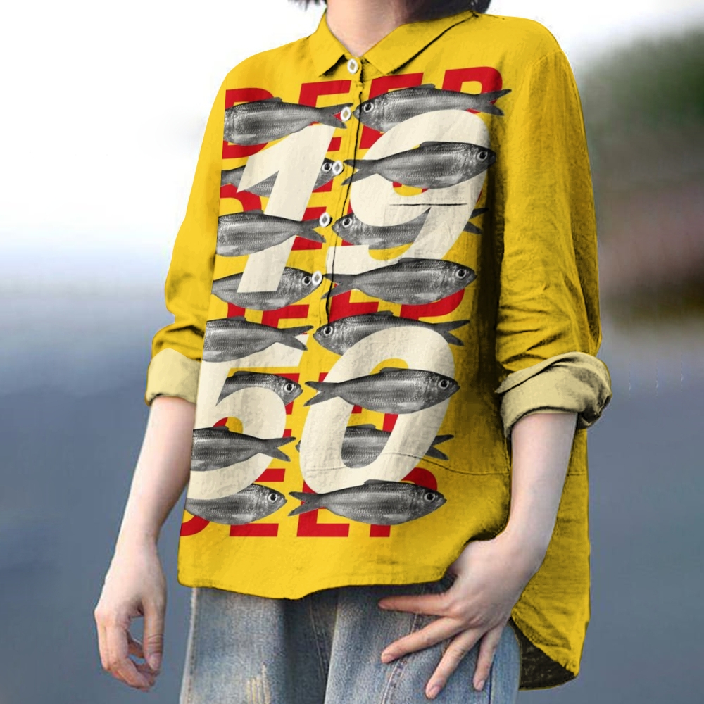 Women's Vintage Sardines Print Casual Cotton And Linen Shirt