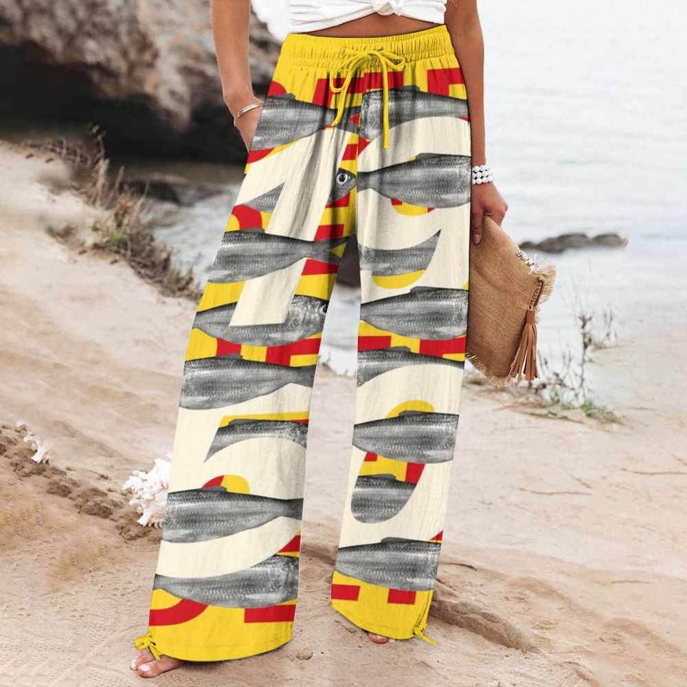 Women's Vintage Sardines Print Cotton And Linen Wide Leg Casual Pants