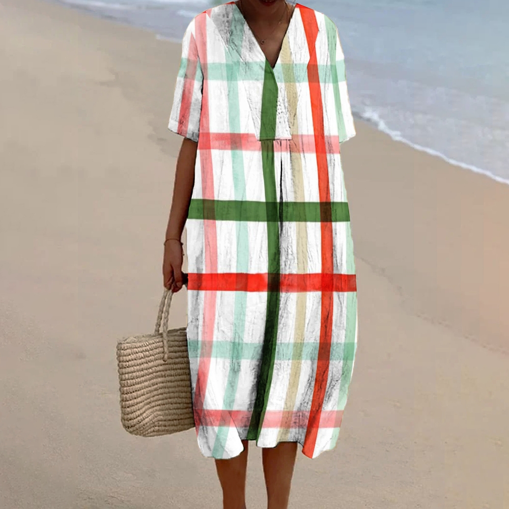 Women's Colorful Line Print Flowy Linen Dress