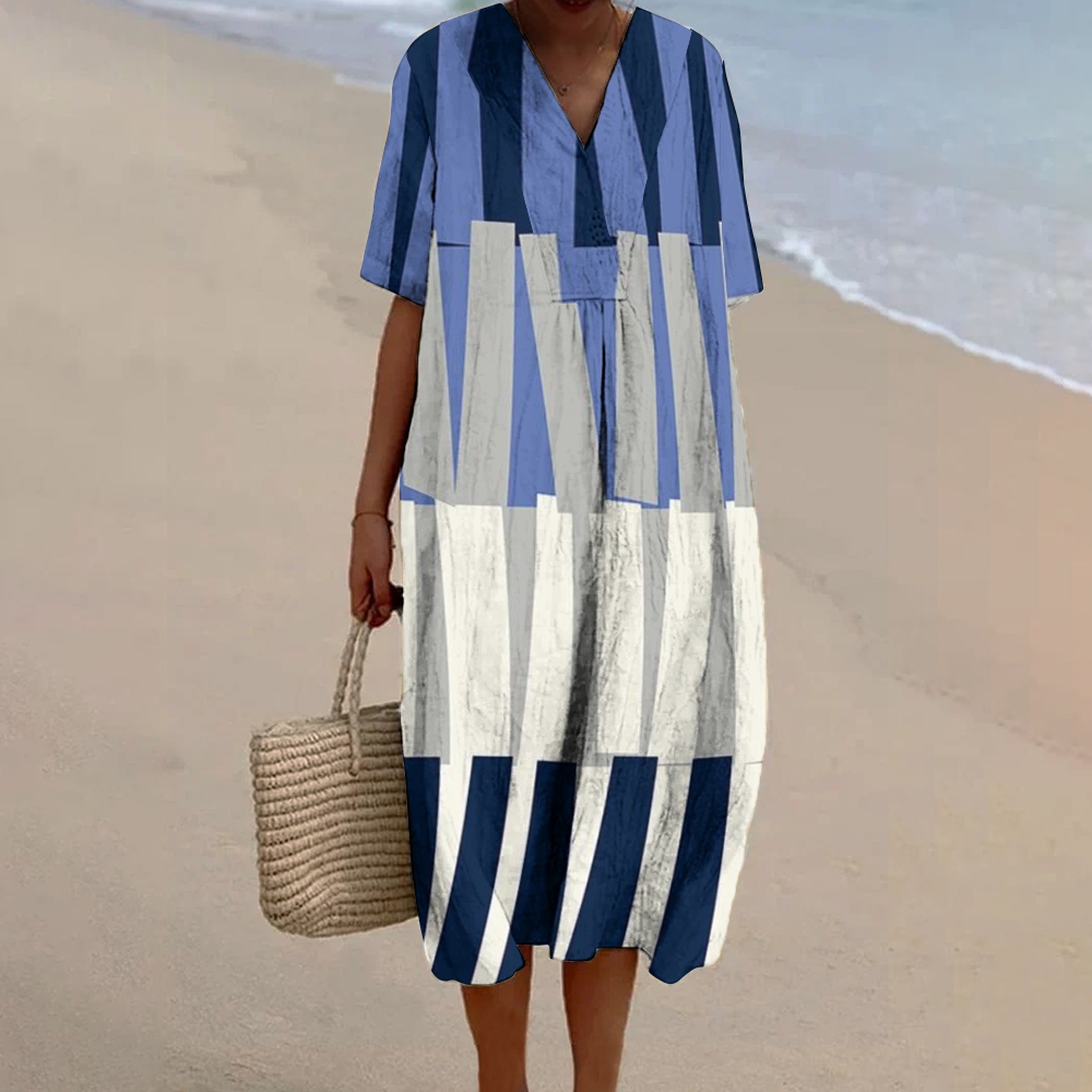 Women's Blue Stripe Print Flowy Linen Dress