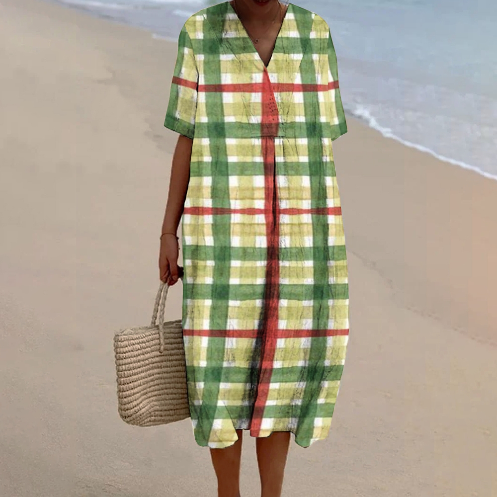 Women's Green Line Print Flowy Linen Dress
