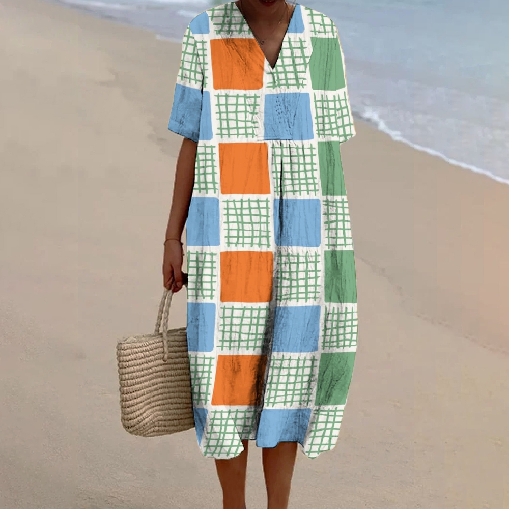 Women's Colorblock Plaid Print Flowy Linen Dress