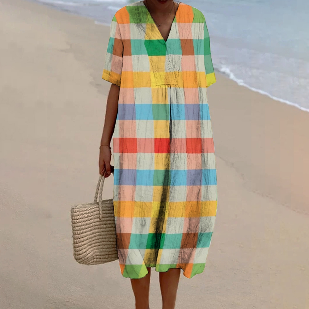 Women's Colorblock Plaid Print Flowy Linen Dress
