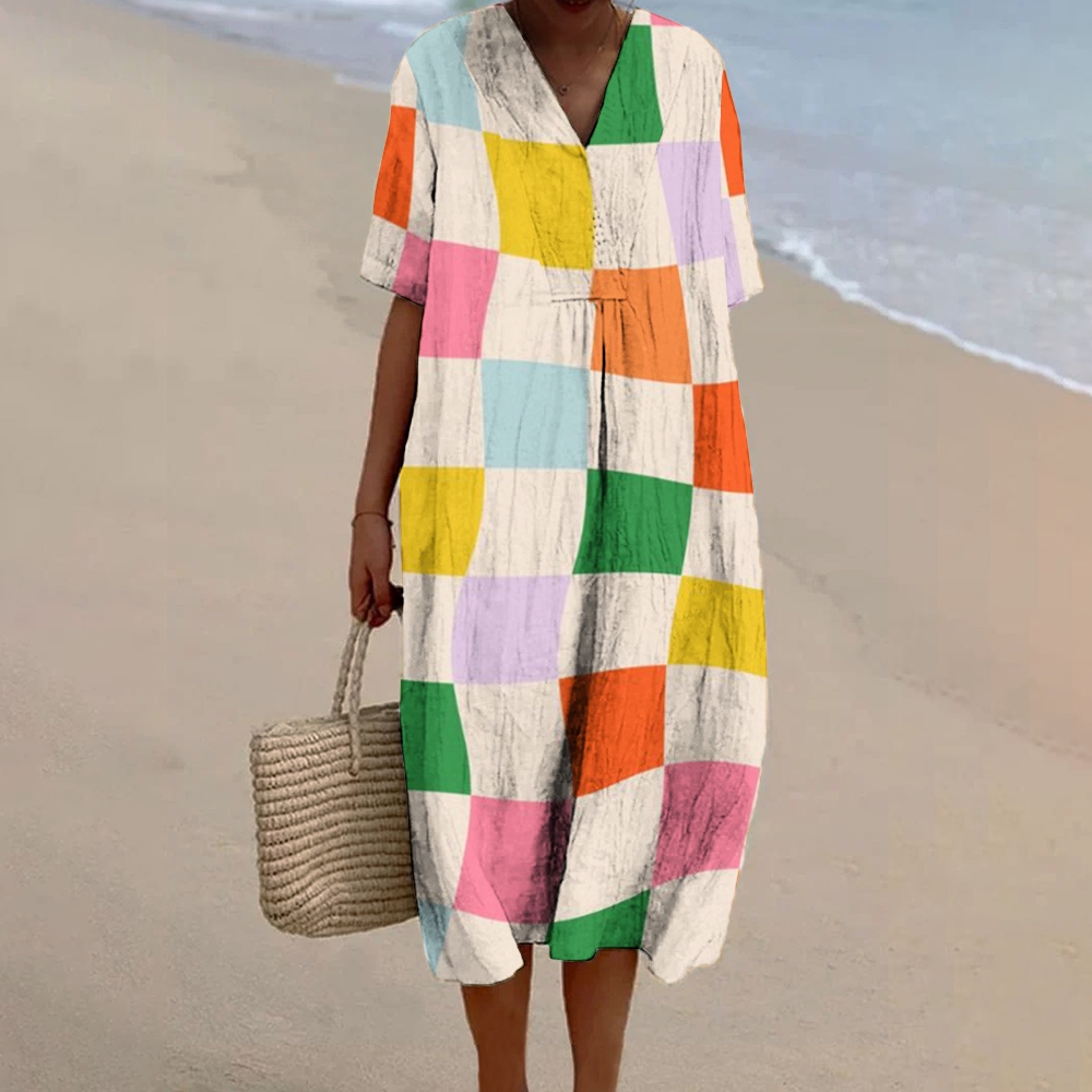Women's Colorful Plaid Print Flowy Linen Dress